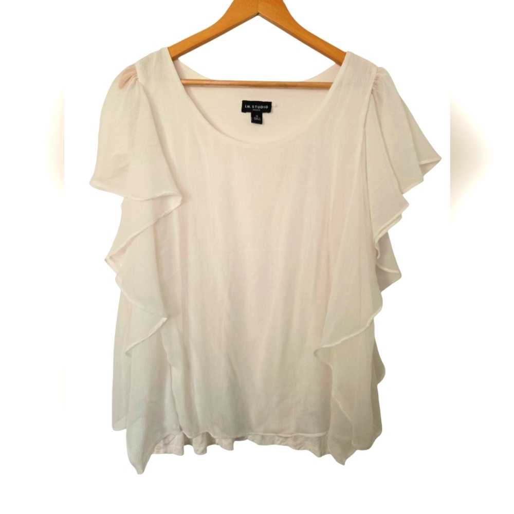 I.N. Studio Women's White Ruffle Sleeve Top Size 1X